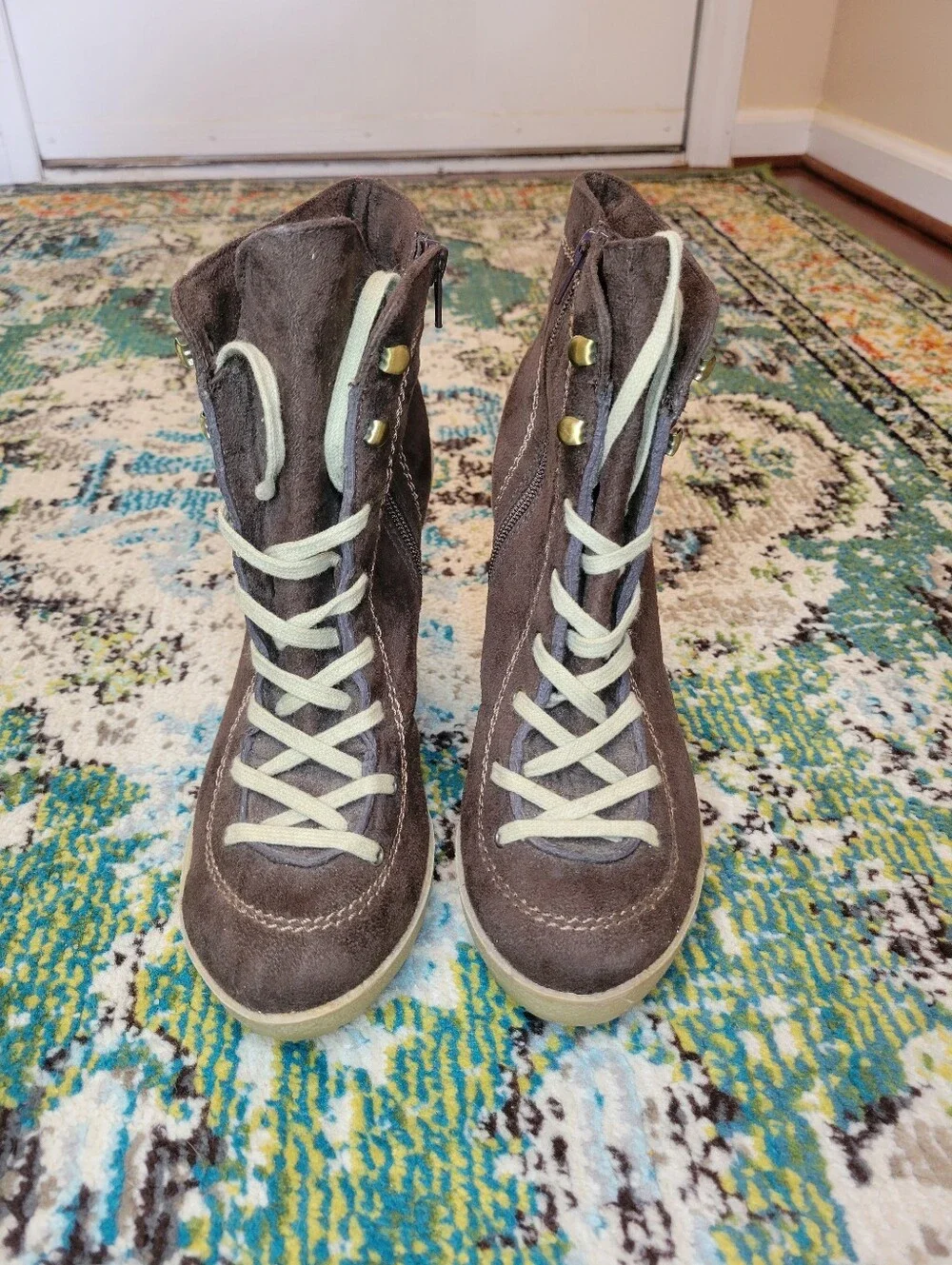 Y2K Charlotte Russe Anya Brown Suede Lace‎ Up Heeled Boots, Size Womens 10